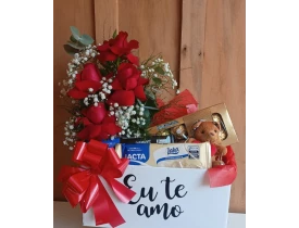 Caixa rosas, chocolate e mini pelucia